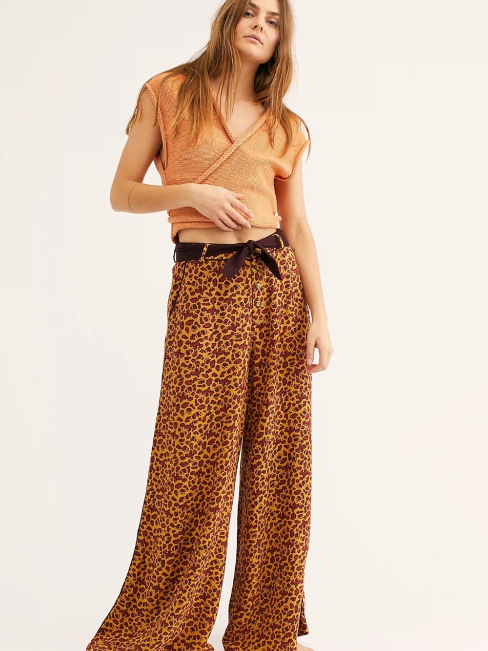 Free People Bennie Trousers Wide-Leg Pants in Mustard Yellow Cheetah Leopard